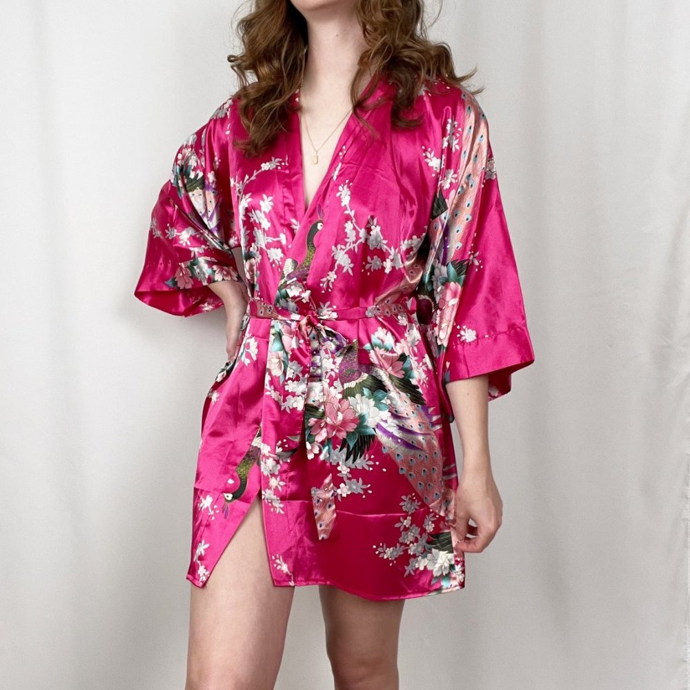Vintage 100% Silk Kimono Robe Duster Long Jacket Coat Peacock Floral Belted Boho - Picture 7 of 7